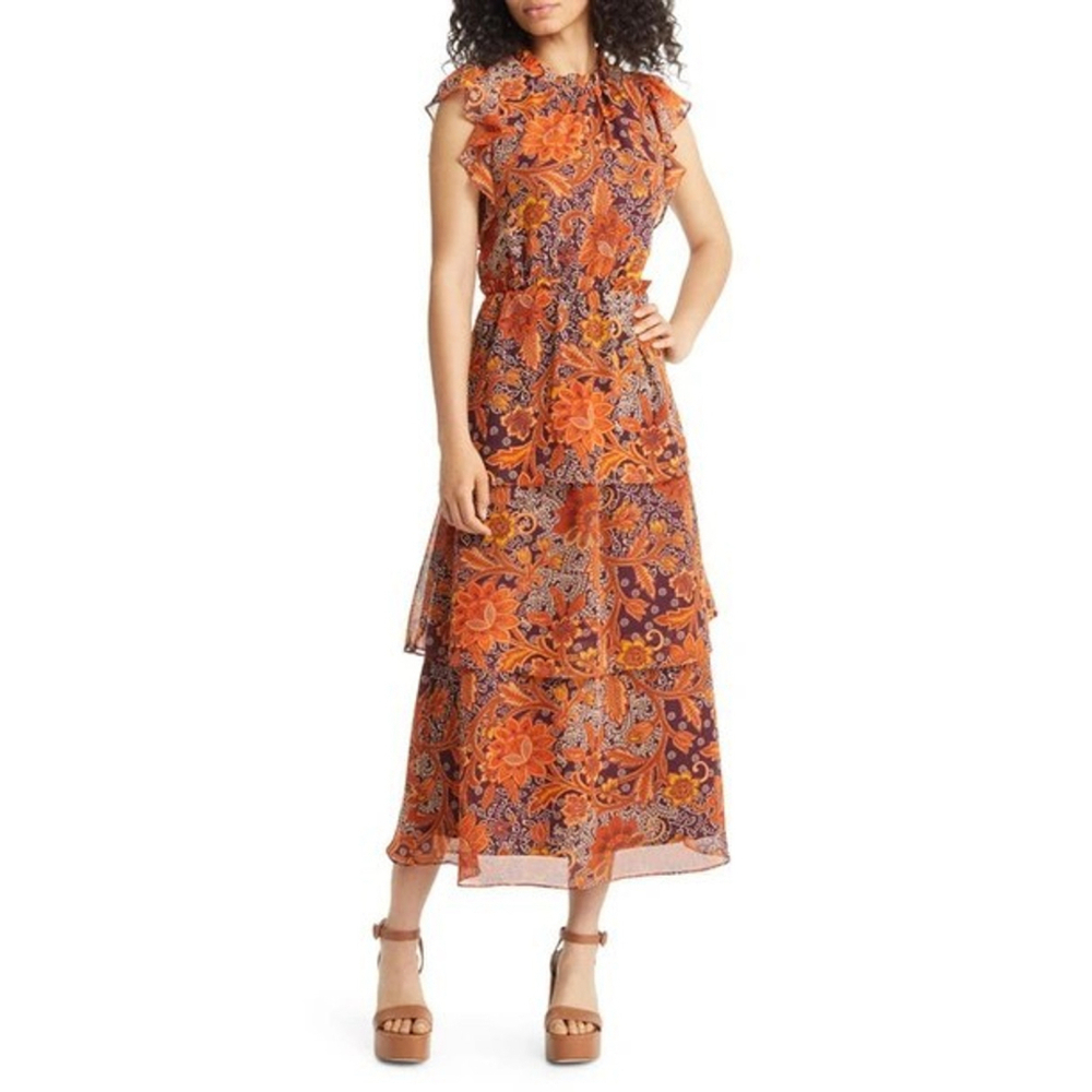 Julia Jordan Floral Brown Orange Tiered Midi Dress 6 Paisley Fall Autumn